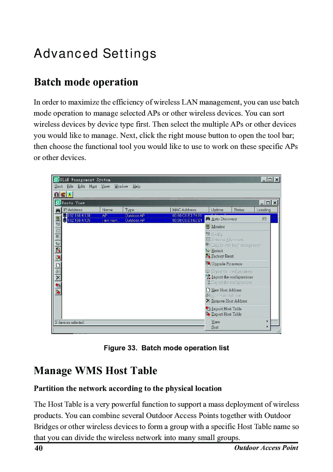 WHP Wireless WHP-1100, WHP-1120, WHP-1130 user manual Advanced Settings, Batch mode operation, Manage WMS Host Table 