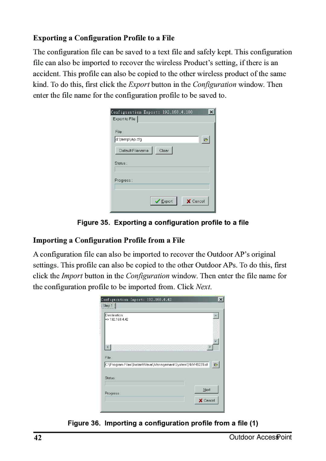 WHP Wireless WHP-1120, WHP-1100 Exporting a Configuration Profile to a File, Importing a Configuration Profile from a File 