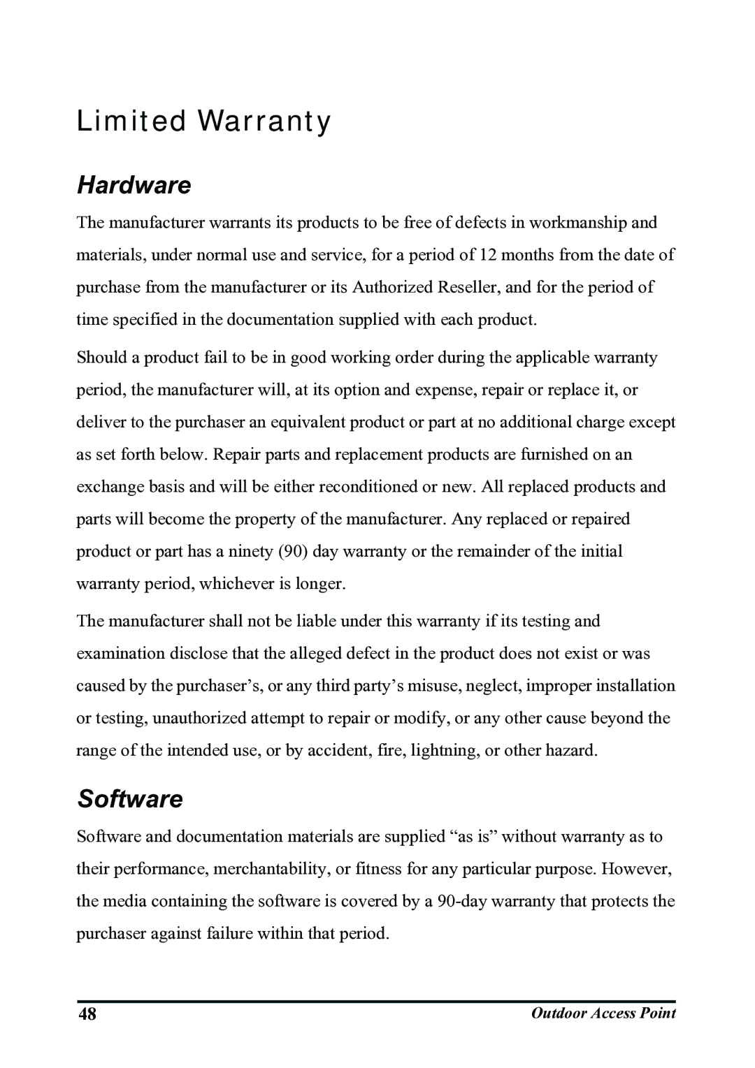 WHP Wireless WHP-1120, WHP-1100, WHP-1130 user manual Limited Warranty, Hardware 