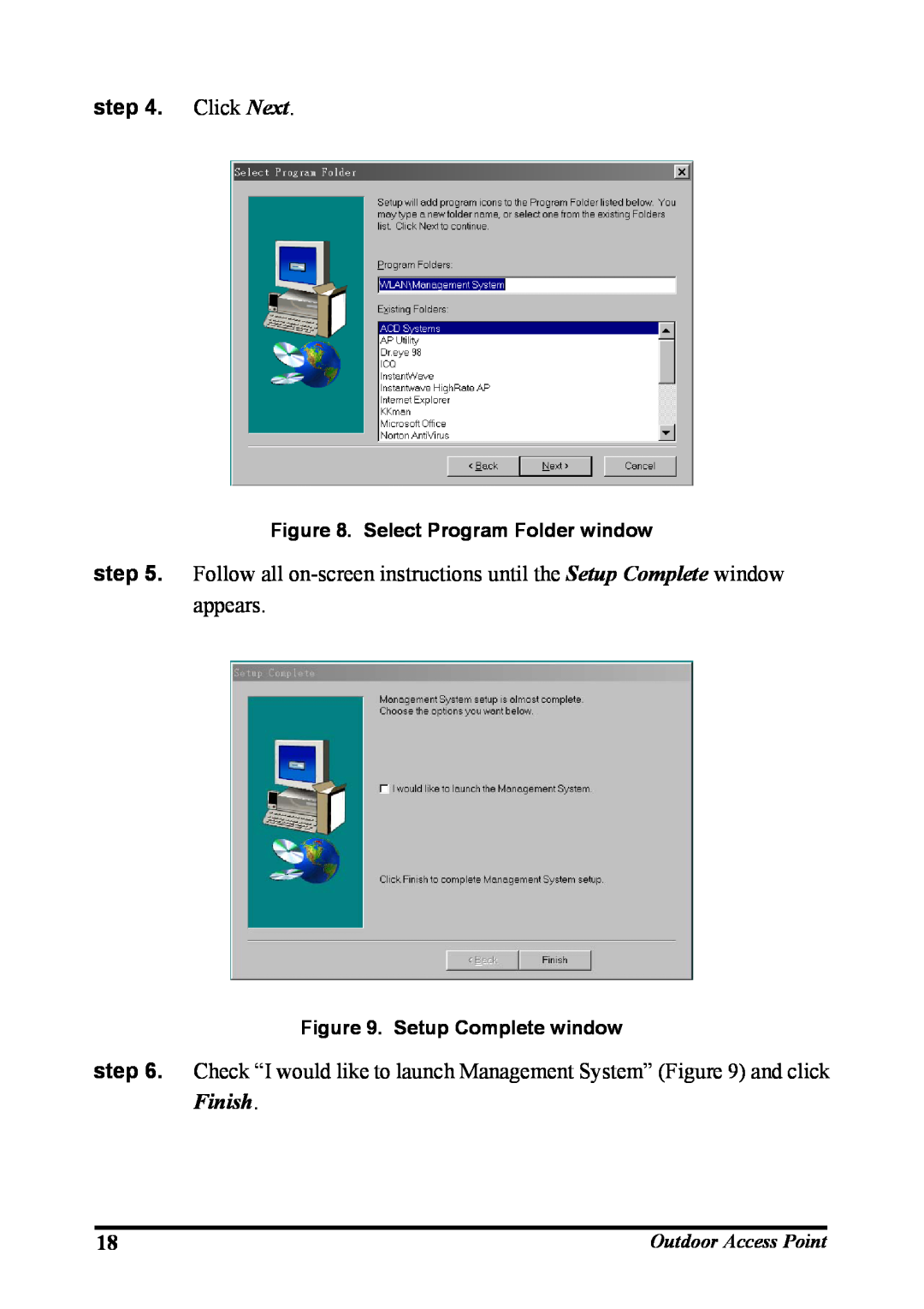 WHP Wireless WHP-1120, WHP-1100, WHP-1130 user manual Click Next, Select Program Folder window, Setup Complete window 