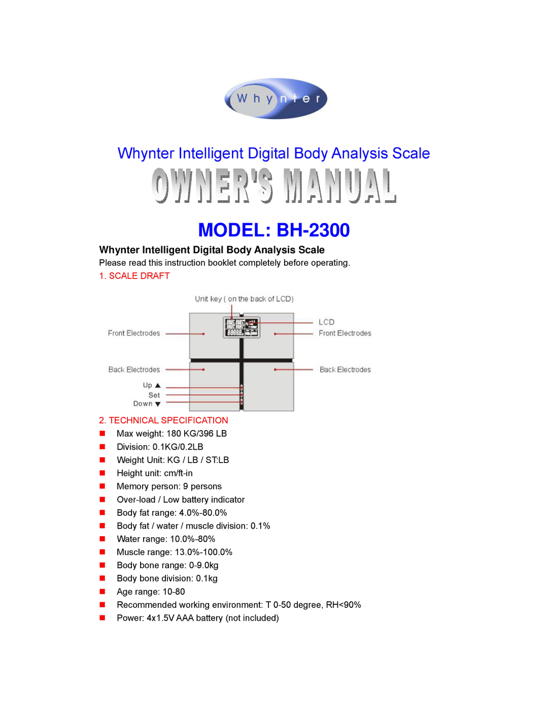 Whynter manual Model BH-2300, Scale Draft 