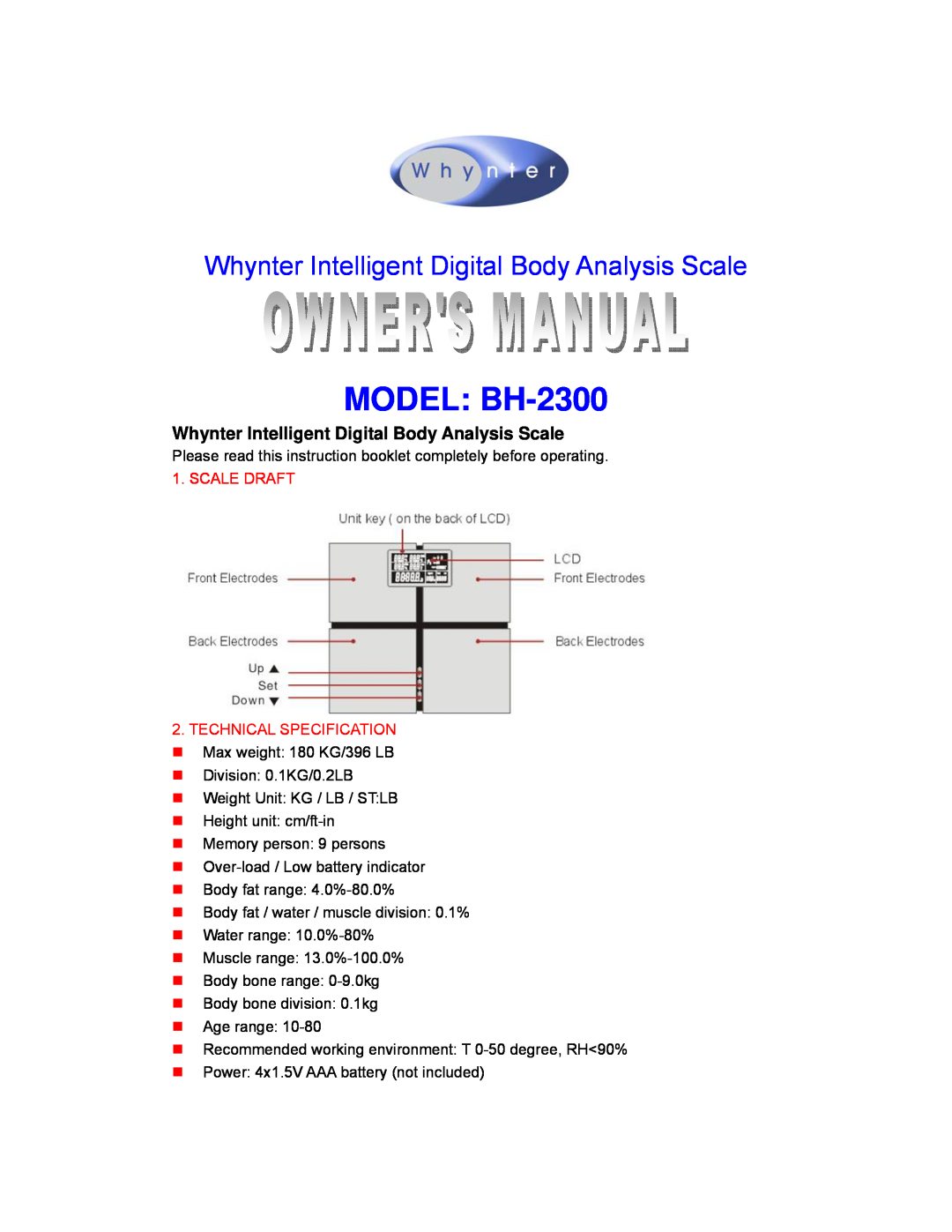 Whynter manual MODEL BH-2300, Whynter Intelligent Digital Body Analysis Scale, Scale Draft 