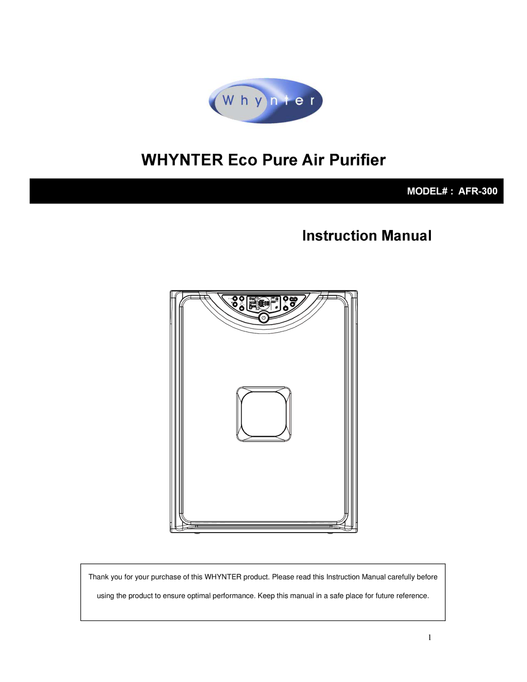 Whynter AFR-300 instruction manual Whynter Eco Pure Air Purifier 