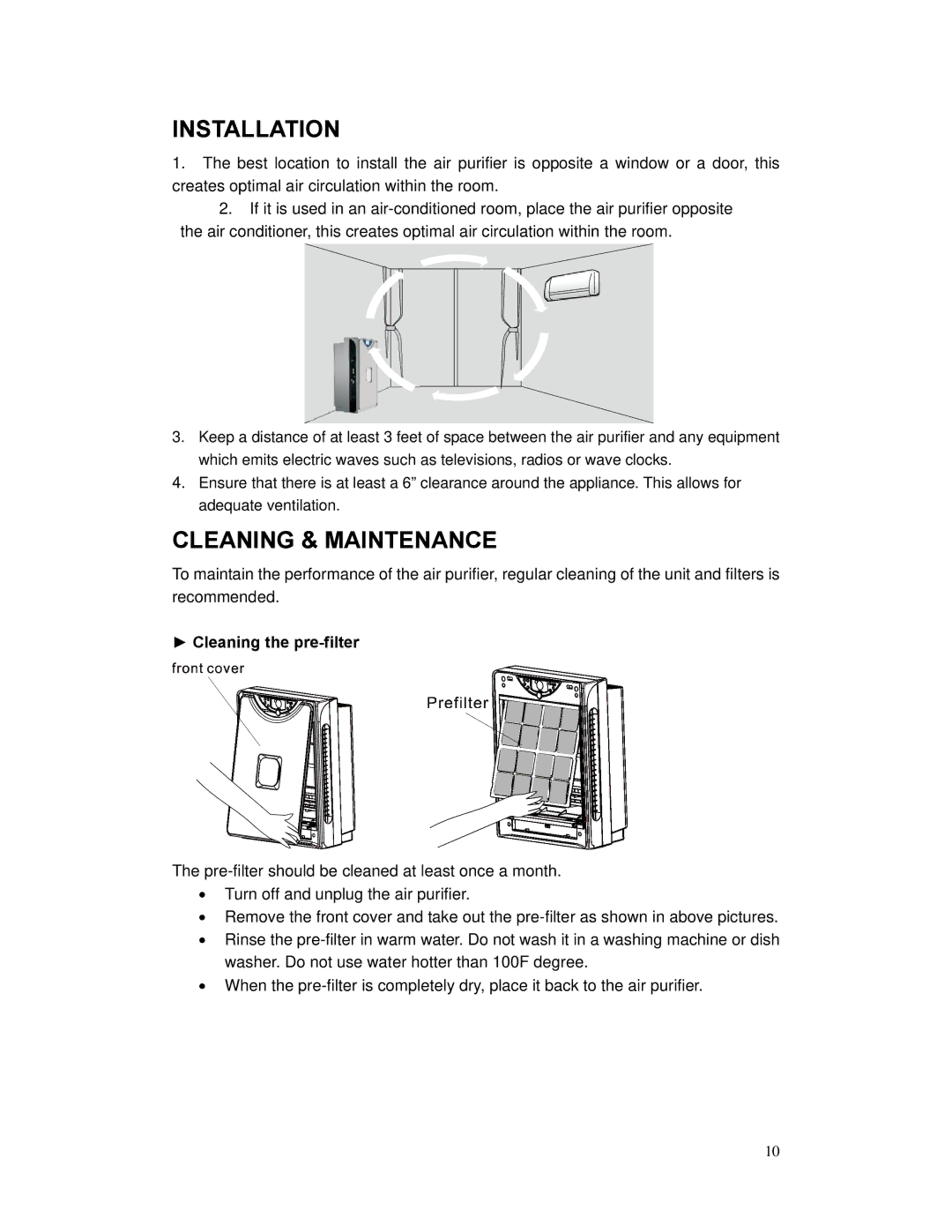 Whynter AFR-300 instruction manual Installation, Cleaning & Maintenance, Cleaning the pre-filter 