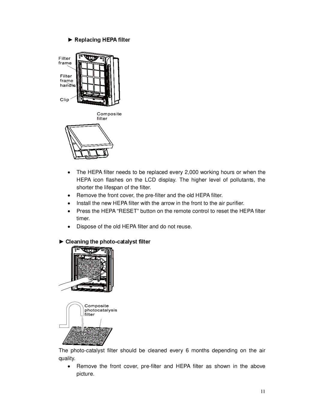 Whynter AFR-300 instruction manual Replacing Hepa filter, Cleaning the photo-catalyst filter 