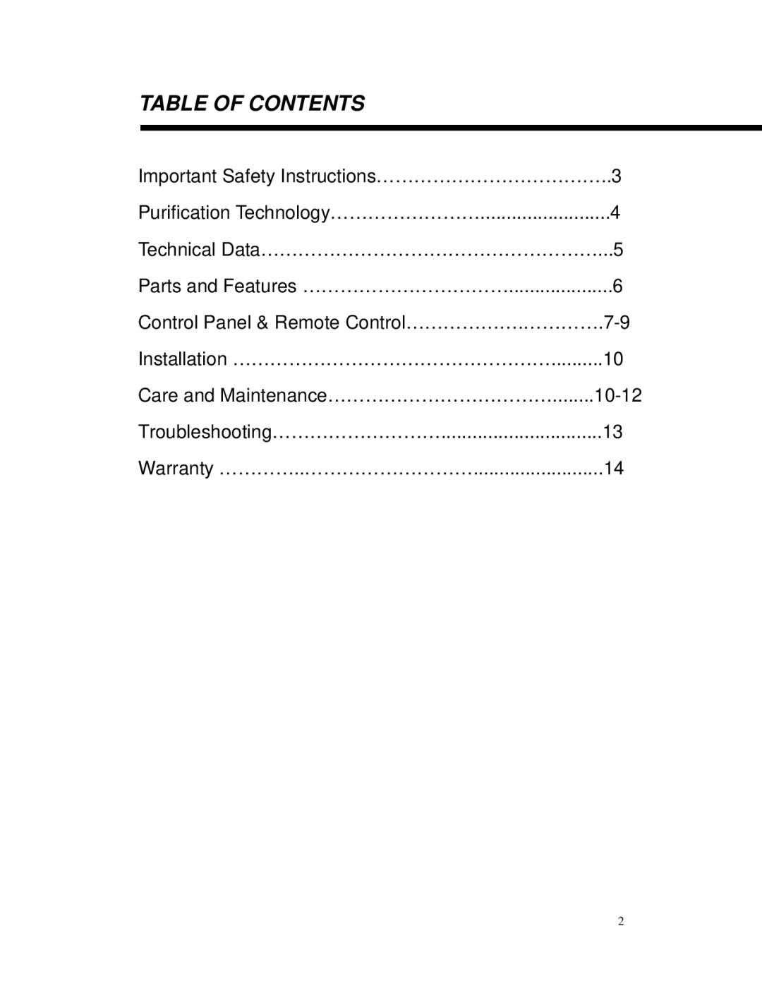 Whynter AFR-300 instruction manual Table of Contents 