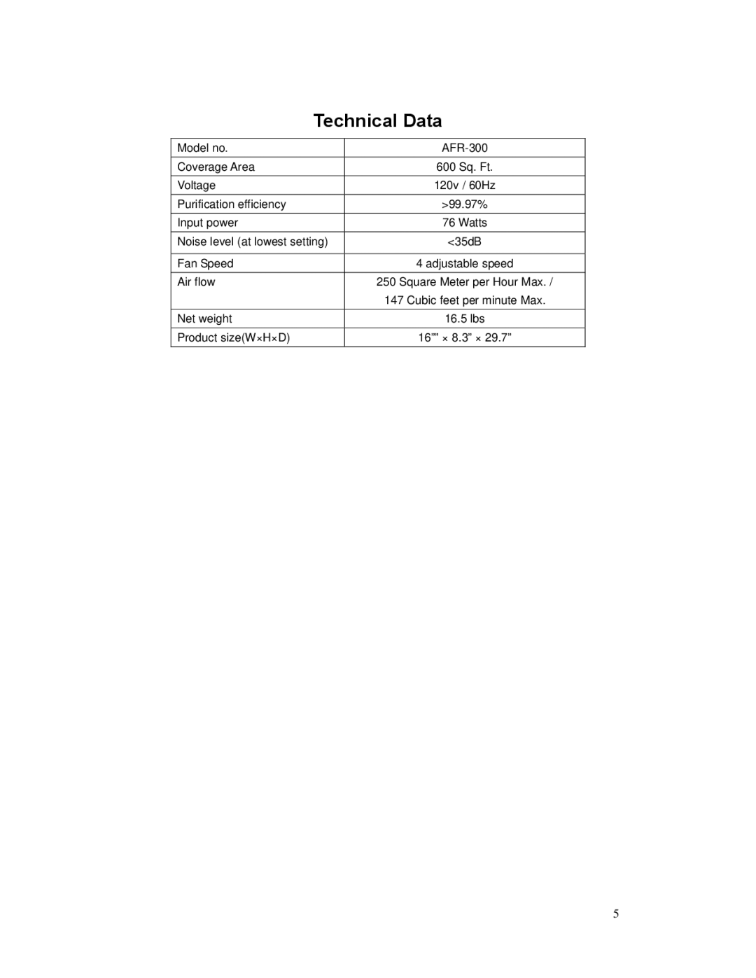 Whynter AFR-300 instruction manual Technical Data 