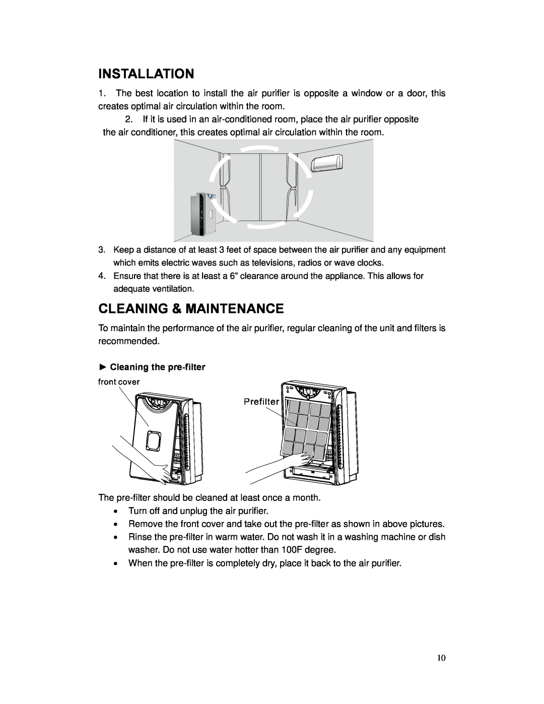 Whynter AFR-300 instruction manual Installation, Cleaning & Maintenance, Cleaning the pre-filter 