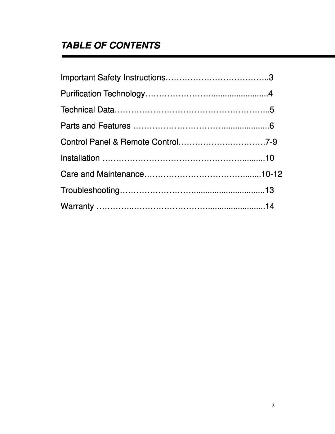 Whynter AFR-300 instruction manual Table Of Contents 