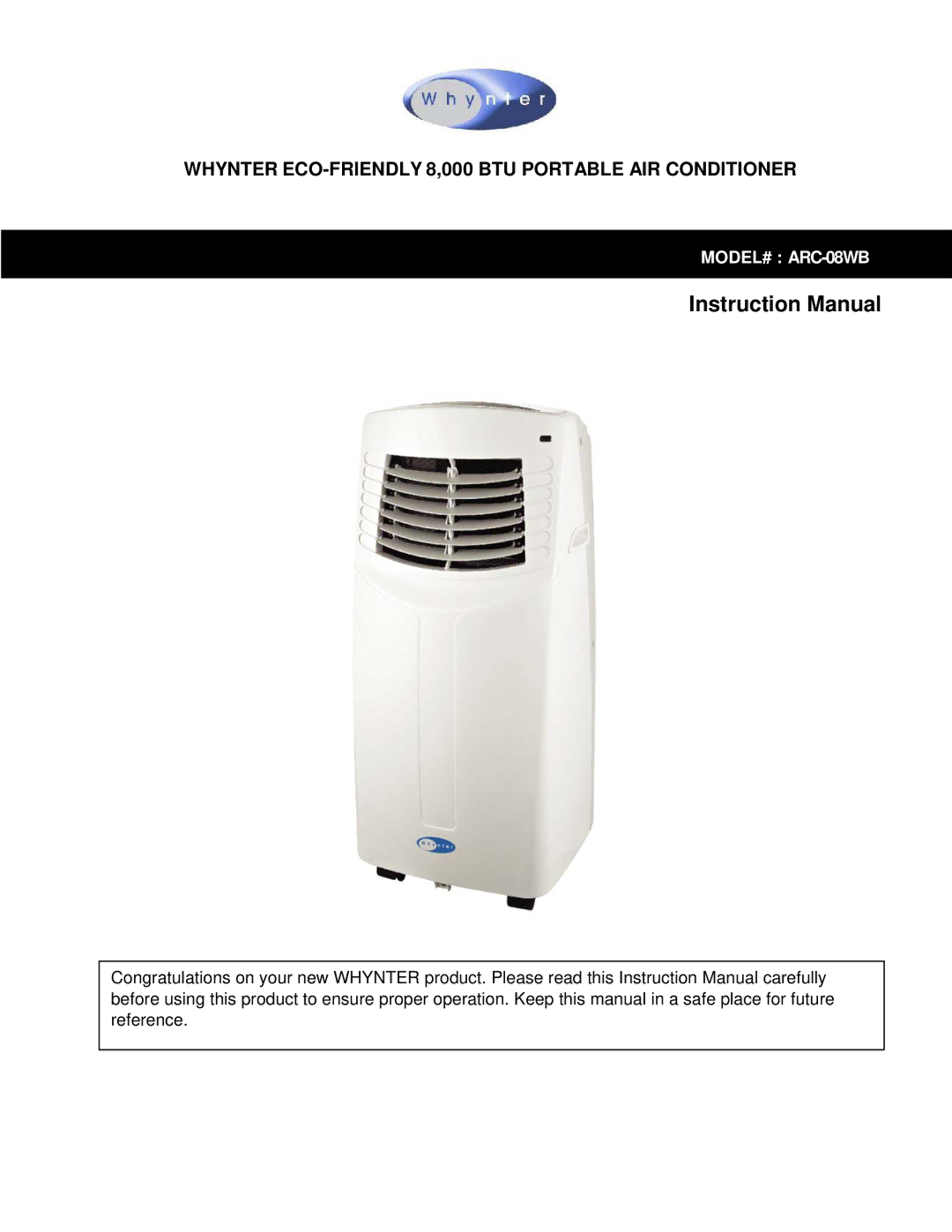 Whynter ARC-08WB instruction manual Whynter ECO-FRIENDLY 8,000 BTU Portable AIR Conditioner 