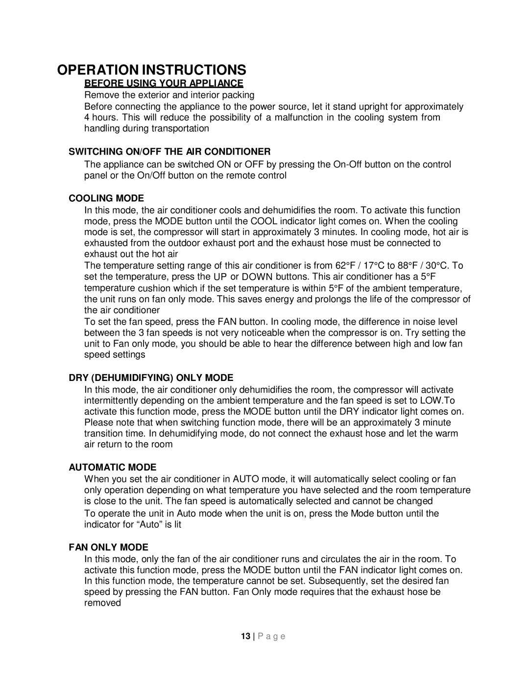 Whynter ARC-08WB instruction manual Operation Instructions 