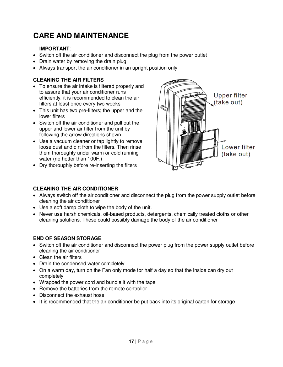 Whynter ARC-08WB Care and Maintenance, Cleaning the AIR Filters, Cleaning the AIR Conditioner, END of Season Storage 