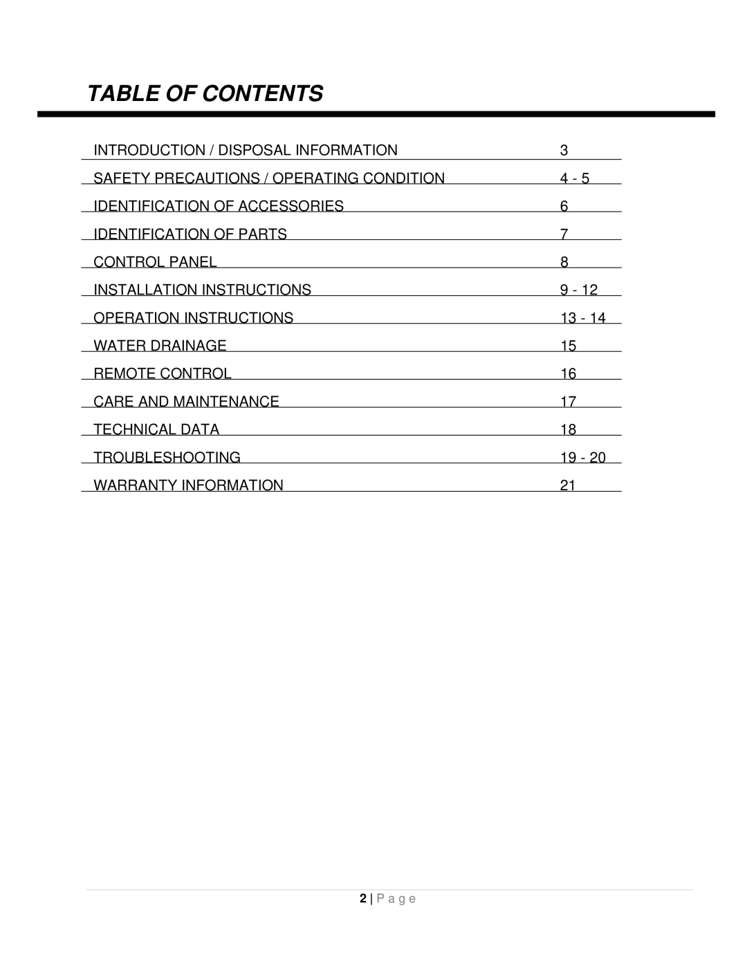 Whynter ARC-08WB instruction manual Table of Contents 