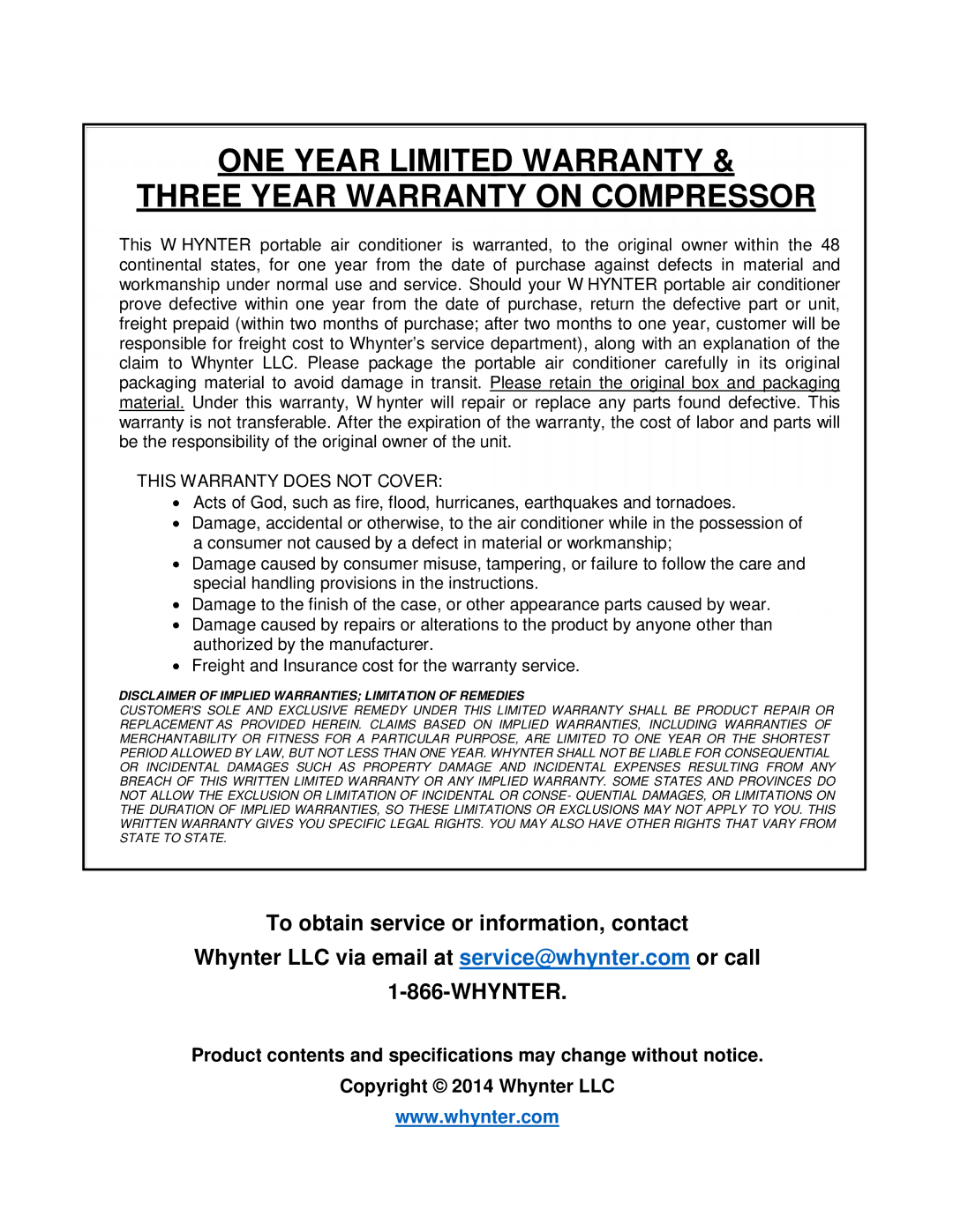 Whynter ARC-08WB instruction manual ONE Year Limited Warranty Three Year Warranty on Compressor 