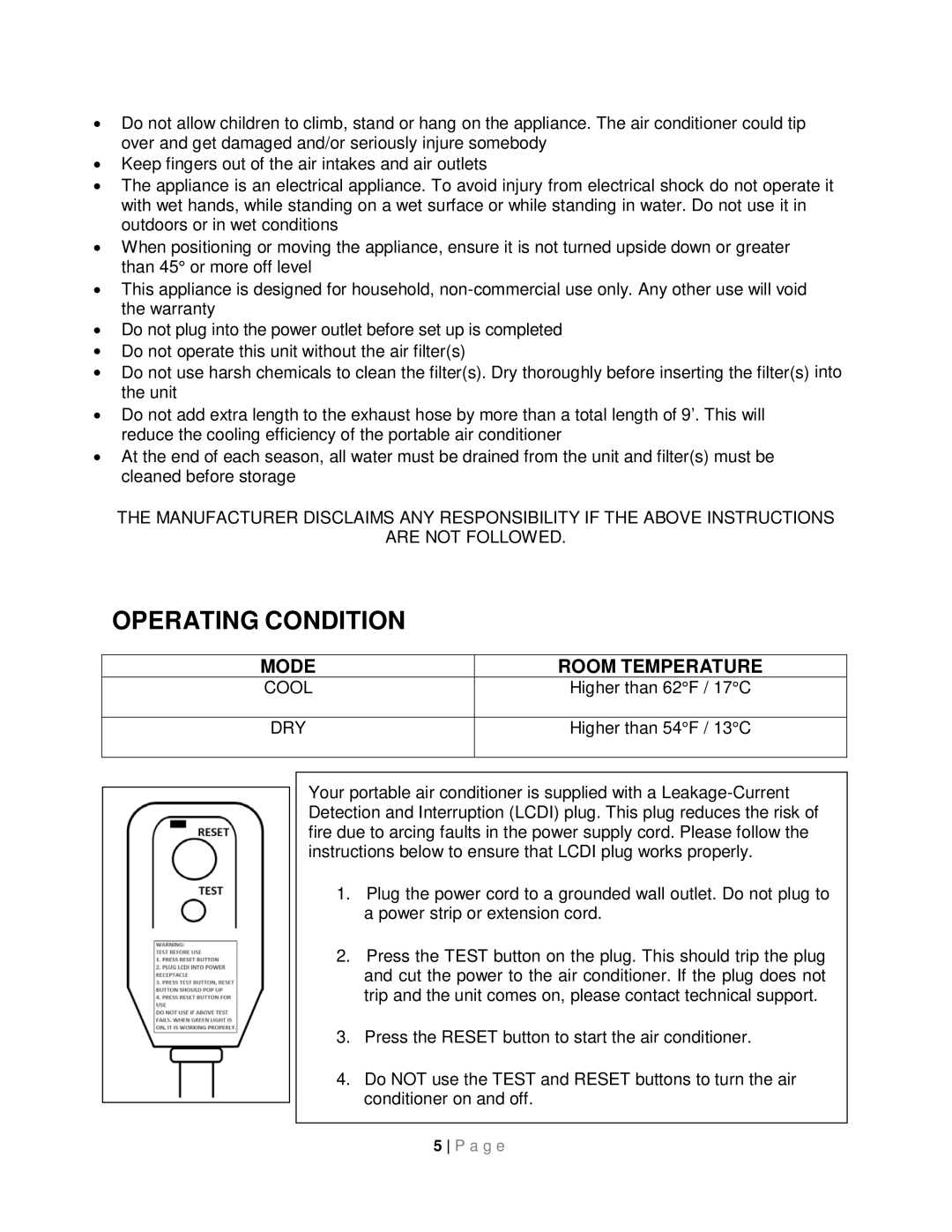 Whynter ARC-08WB instruction manual Operating Condition, Room Temperature 