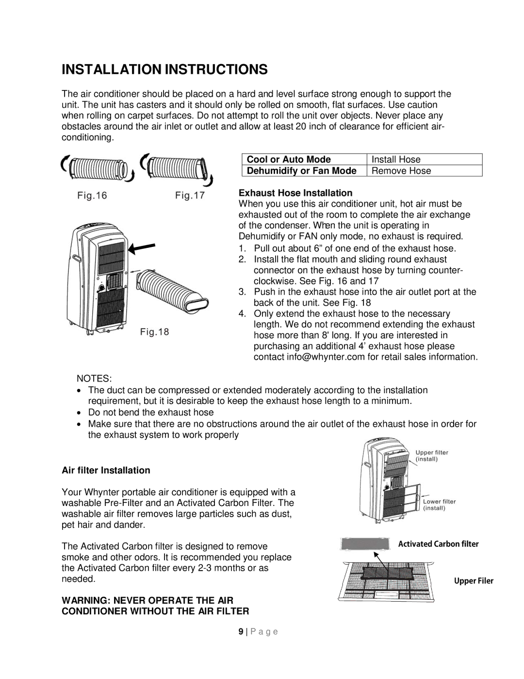 Whynter ARC-08WB Installation Instructions, Cool or Auto Mode Dehumidify or Fan Mode, Exhaust Hose Installation 