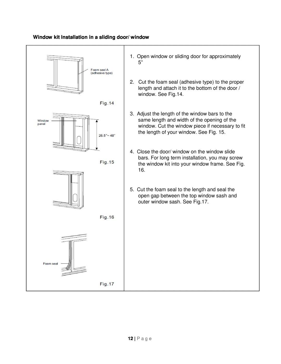 Whynter ARC-08WB instruction manual Window kit Installation in a sliding door/ window, P a g e 