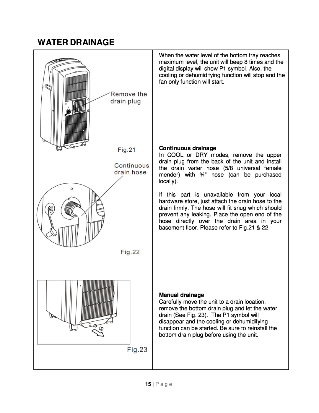 Whynter ARC-08WB instruction manual Water Drainage, Continuous drainage, Manual drainage 