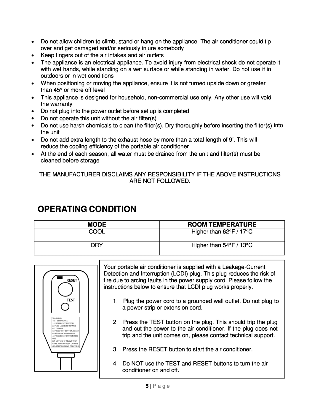 Whynter ARC-08WB instruction manual Operating Condition, Mode, Room Temperature 
