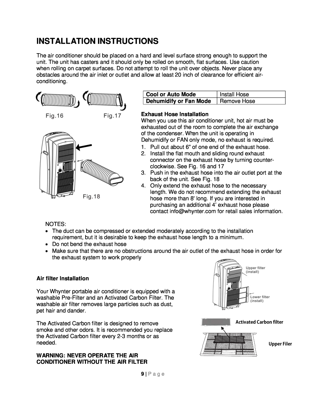 Whynter ARC-08WB Installation Instructions, Cool or Auto Mode Dehumidify or Fan Mode, Exhaust Hose Installation 