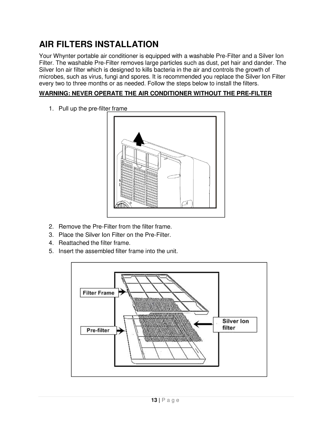 Whynter ARC-10WB instruction manual AIR Filters Installation 