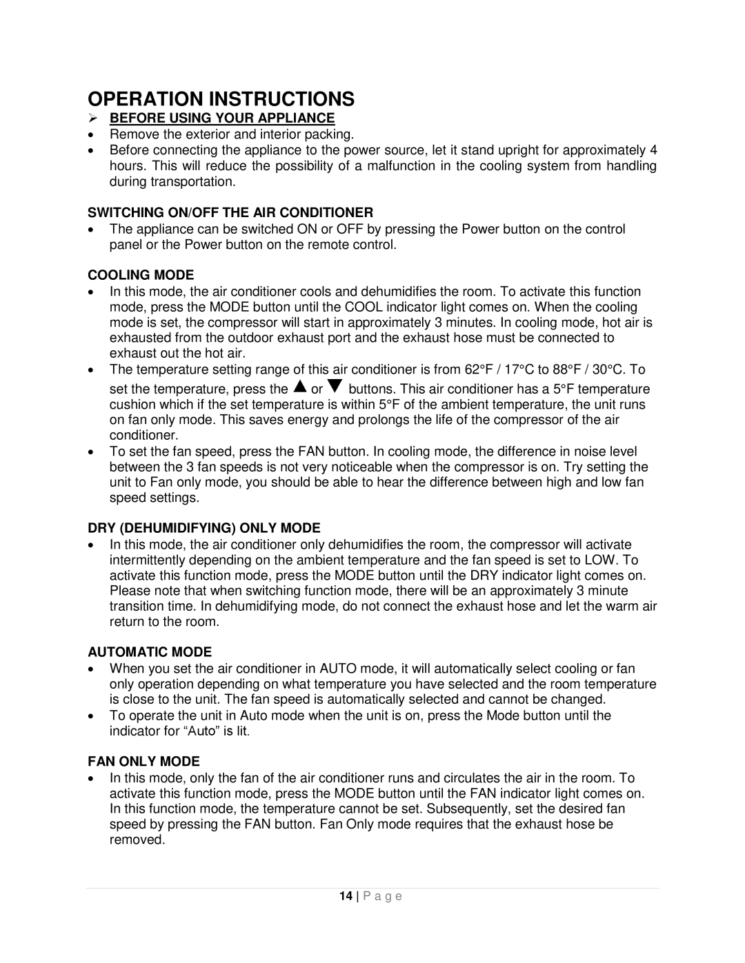 Whynter ARC-10WB instruction manual Operation Instructions,  Before Using Your Appliance 