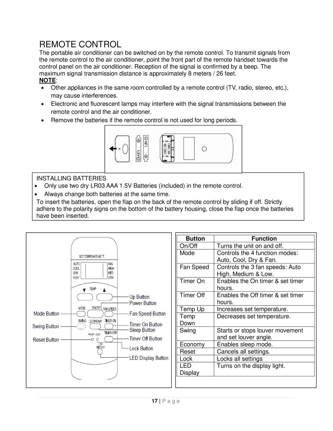 Whynter ARC-10WB instruction manual Installing Batteries, Button Function, Led 