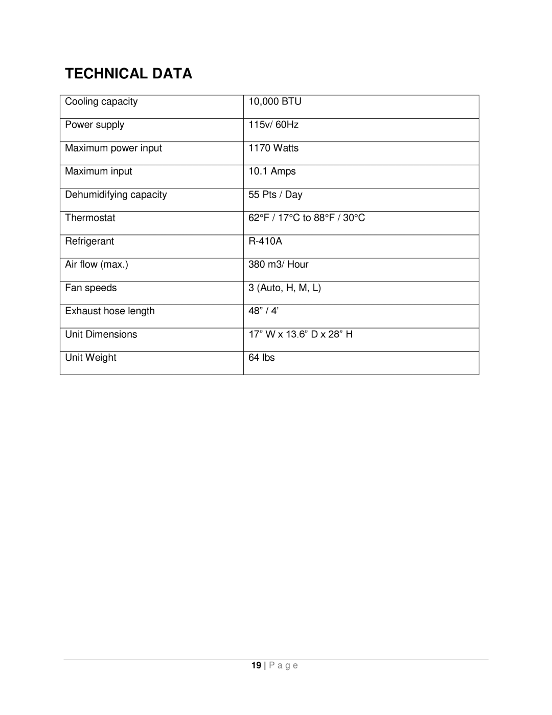 Whynter ARC-10WB instruction manual Technical Data 