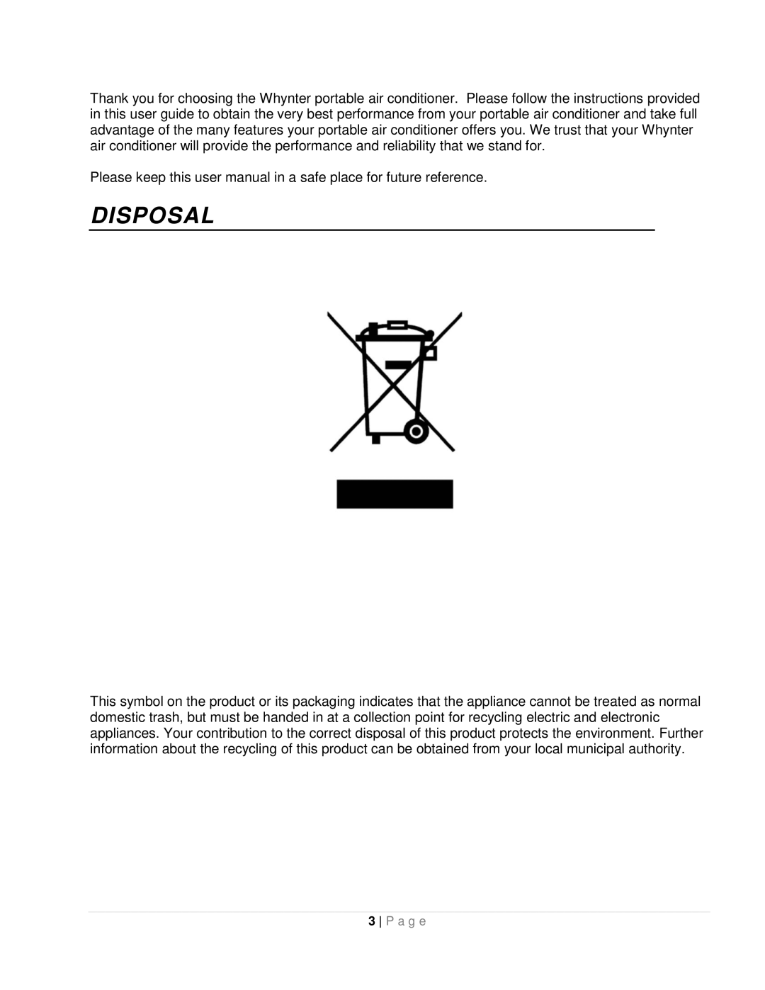 Whynter ARC-10WB instruction manual Disposal 