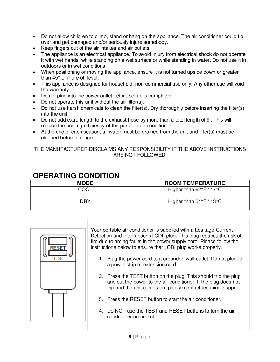 Whynter ARC-10WB instruction manual Operating Condition, Mode Room Temperature, Dry 