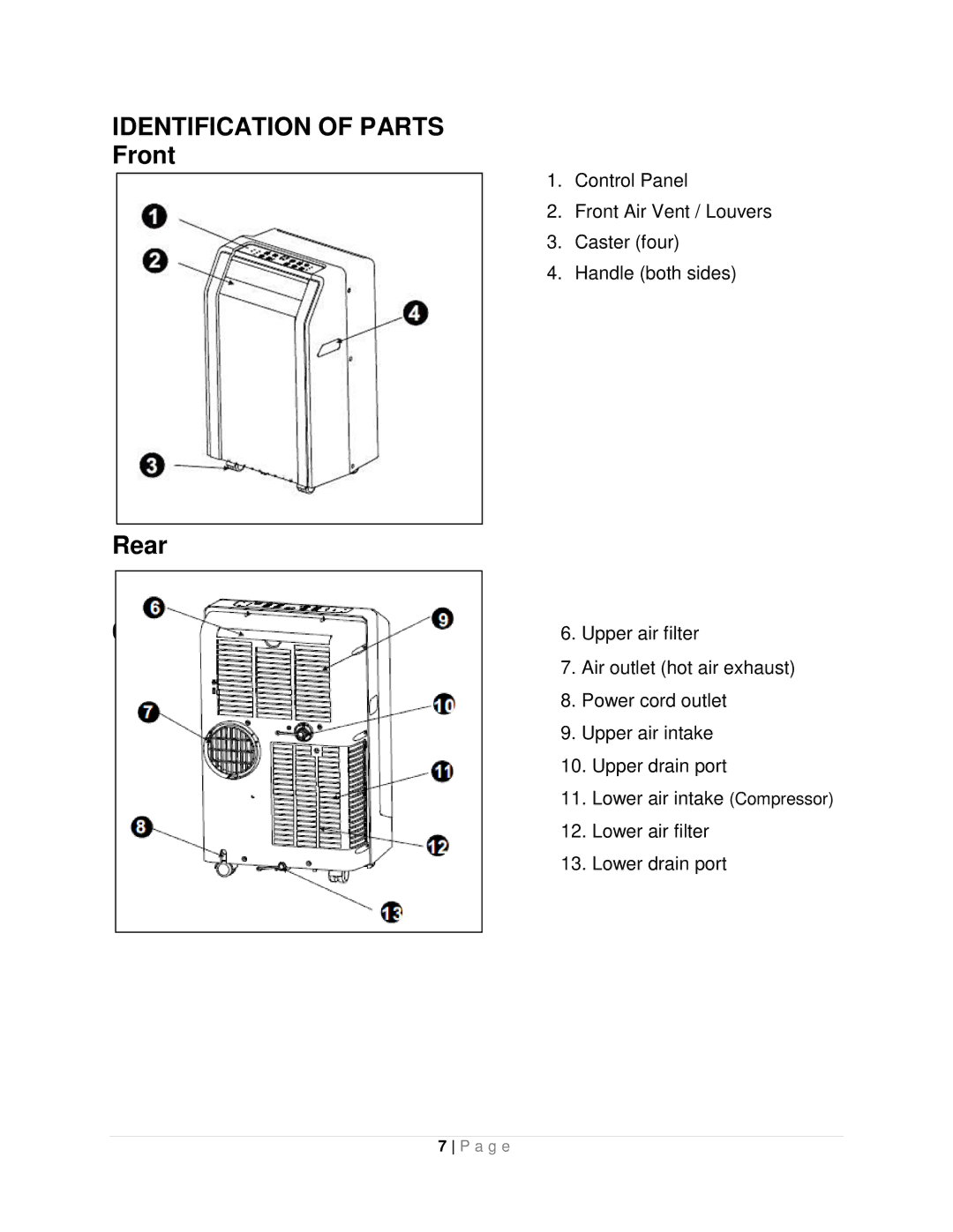 Whynter ARC-10WB instruction manual Identification of Parts, Rear 