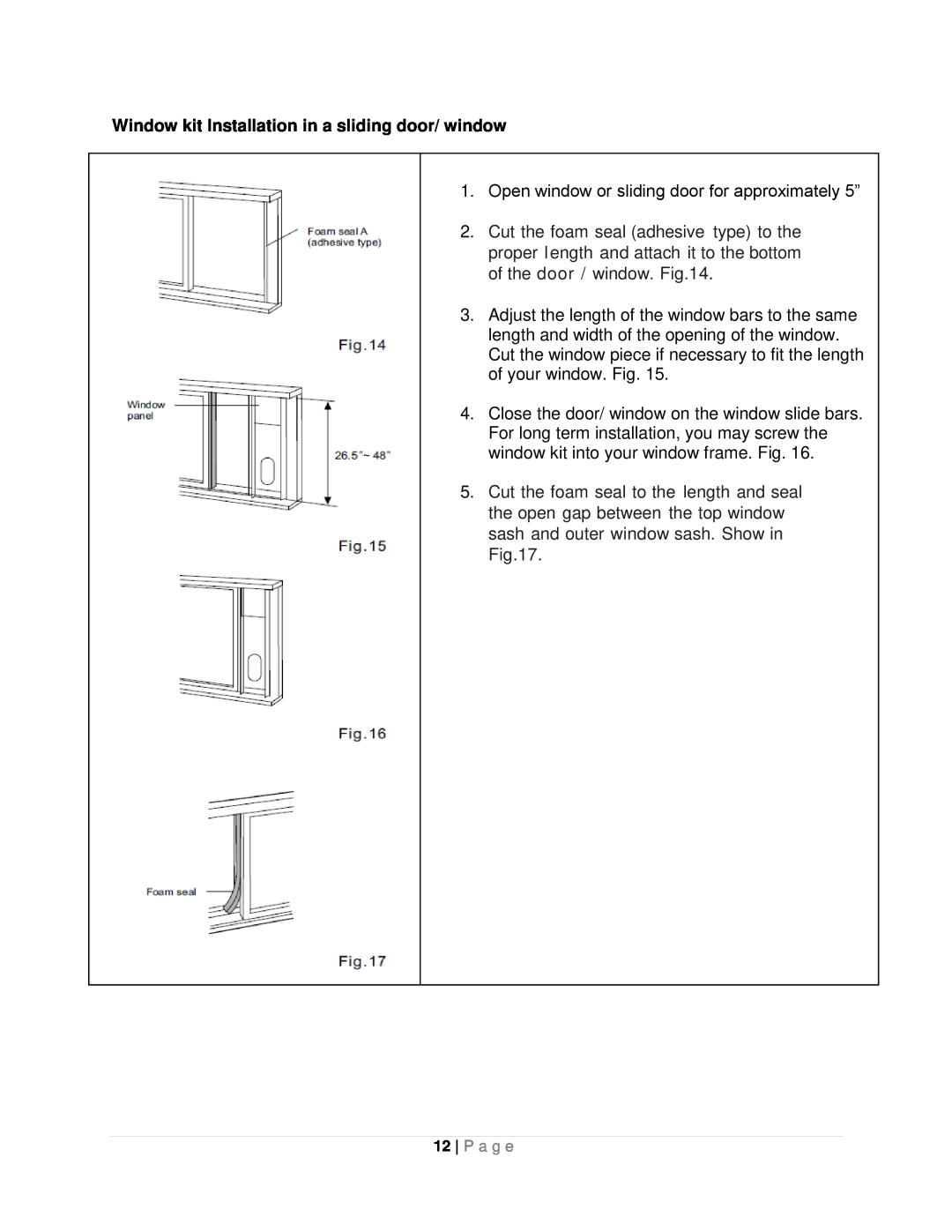 Whynter ARC-10WB instruction manual Window kit Installation in a sliding door/ window, P a g e 