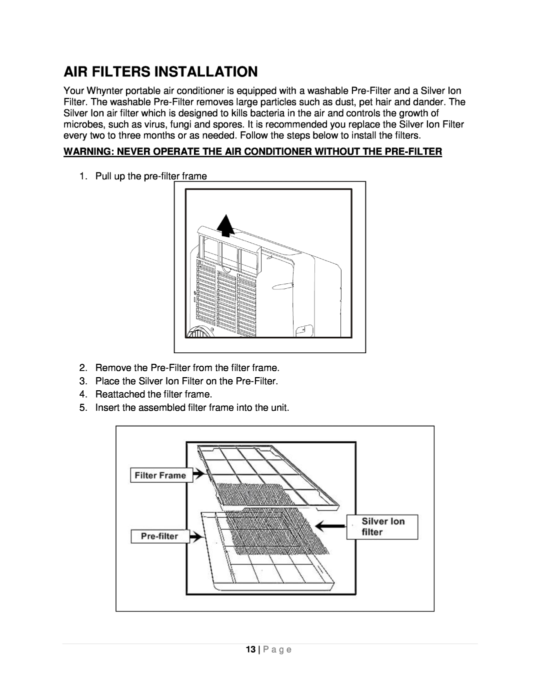 Whynter ARC-10WB instruction manual Air Filters Installation 