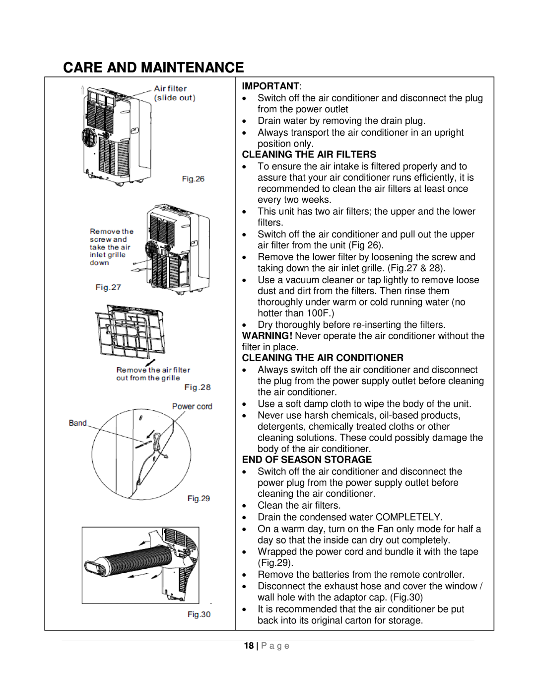 Whynter ARC-10WB Care And Maintenance, Cleaning The Air Filters, Cleaning The Air Conditioner, End Of Season Storage 