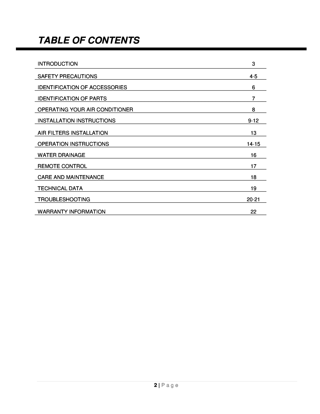 Whynter ARC-10WB instruction manual Table Of Contents, P a g e 
