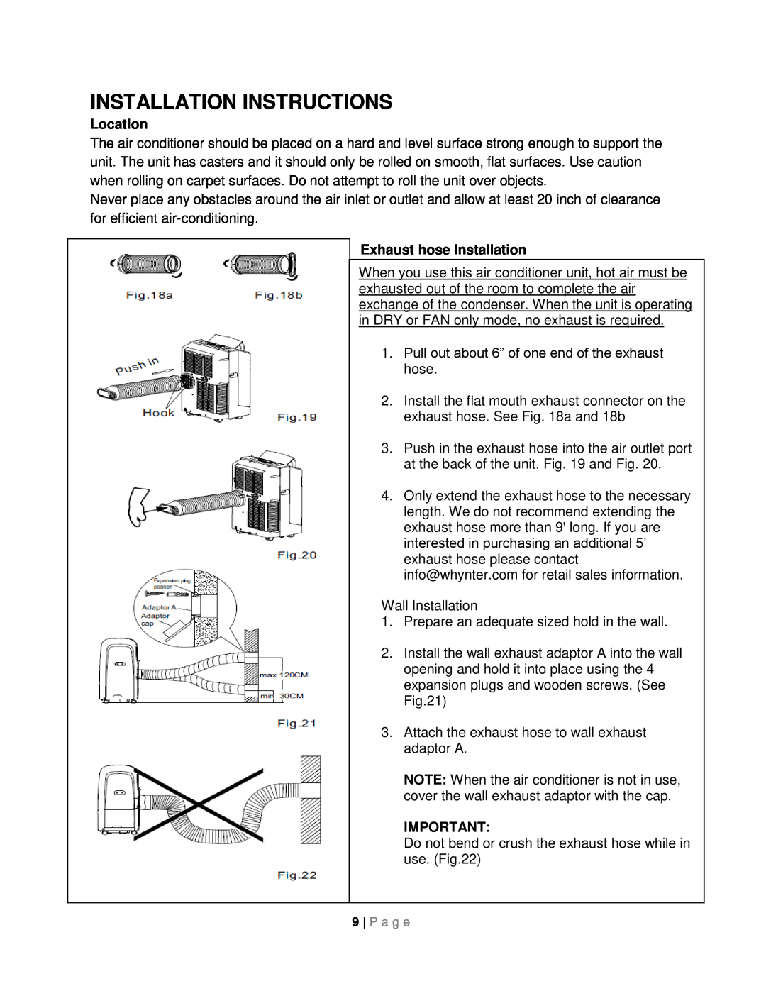 Whynter ARC-10WB instruction manual Installation Instructions, Location, Exhaust hose Installation 