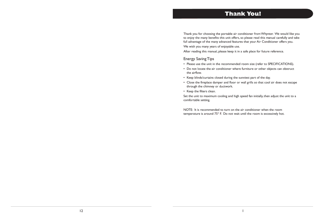 Whynter ARC-12D, ARC-12H owner manual Thank You, Energy Saving Tips 