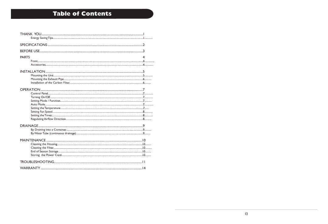 Whynter ARC-12D, ARC-12H owner manual Table of Contents 