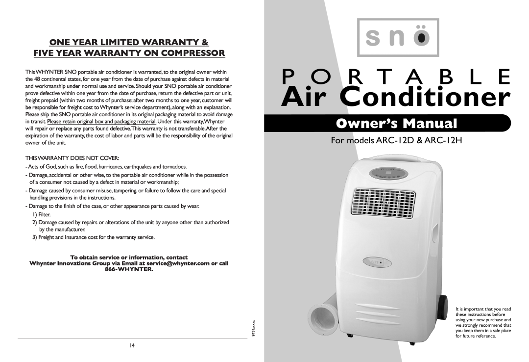 Whynter owner manual For models ARC-12D& ARC-12H, One Year Limited Warranty, Five Year Warranty On Compressor, Whynter 