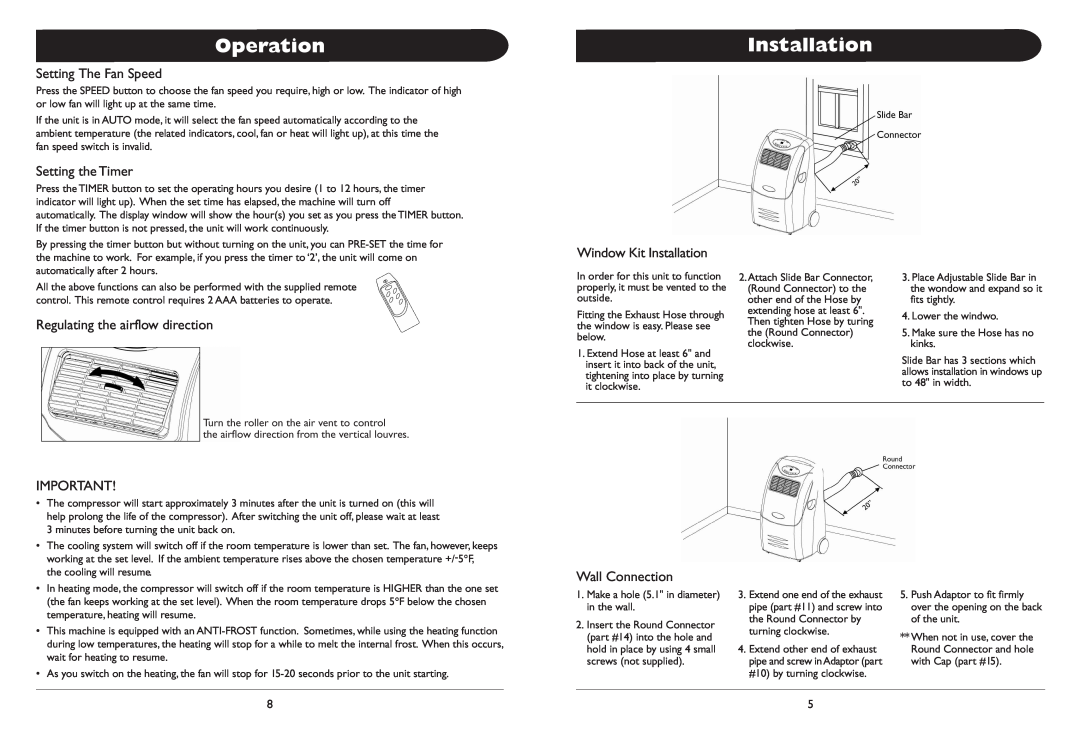 Whynter ARC-12D, ARC-12H Operation, Setting The Fan Speed, Setting the Timer, Window Kit Installation, Wall Connection 