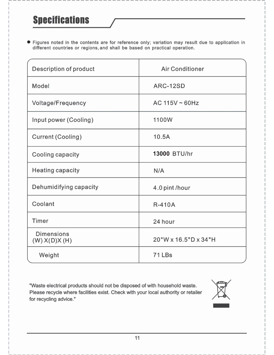 Whynter ARC-12SD manual 13000 