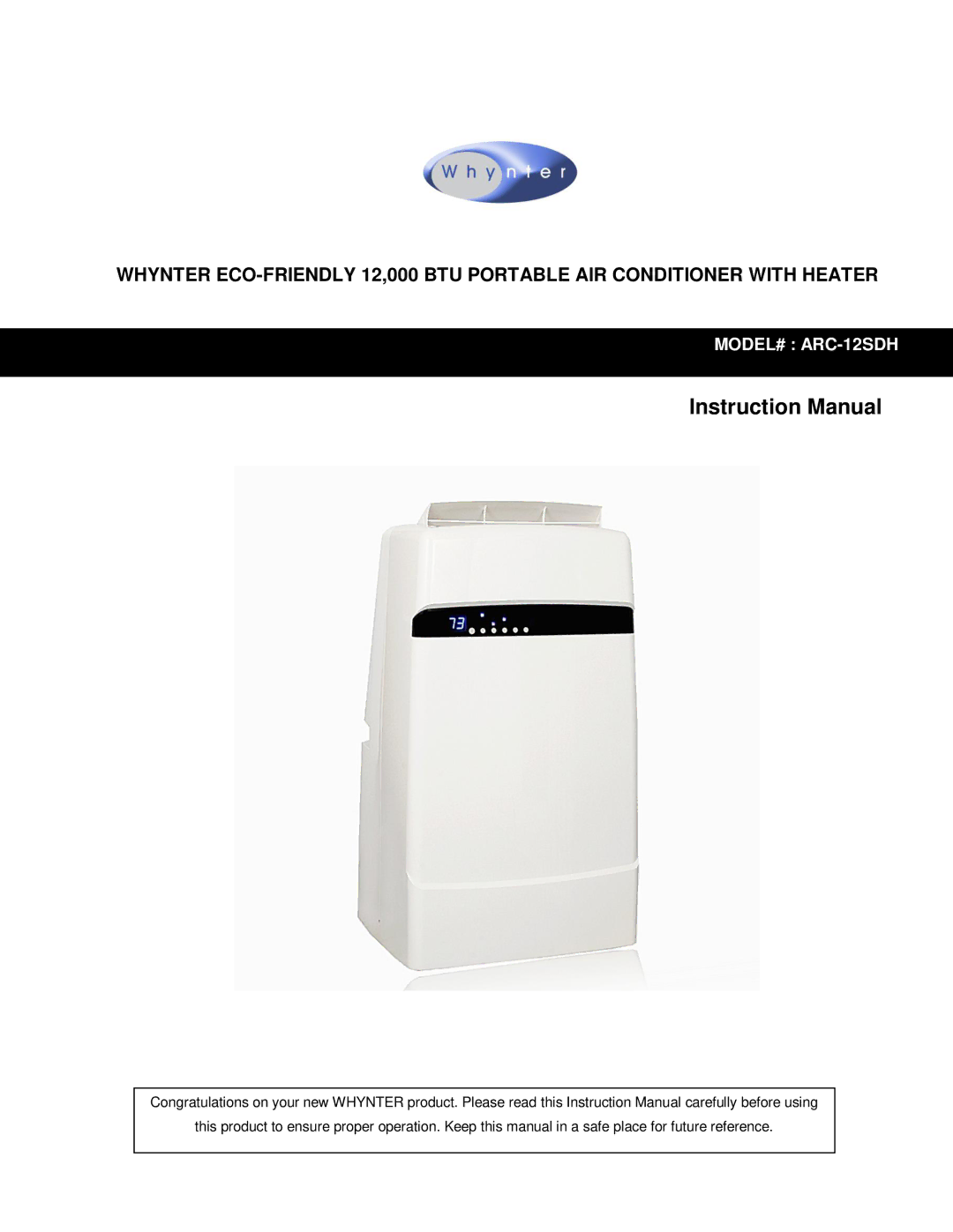 Whynter instruction manual MODEL# ARC-12SDH 