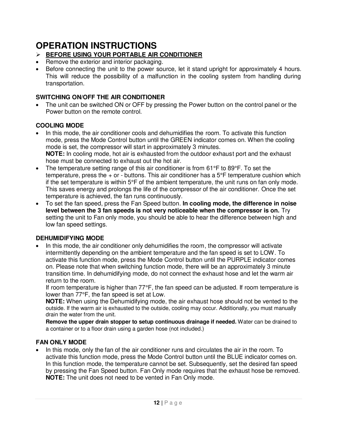 Whynter ARC-12SDH instruction manual Operation Instructions,  Before Using Your Portable AIR Conditioner 