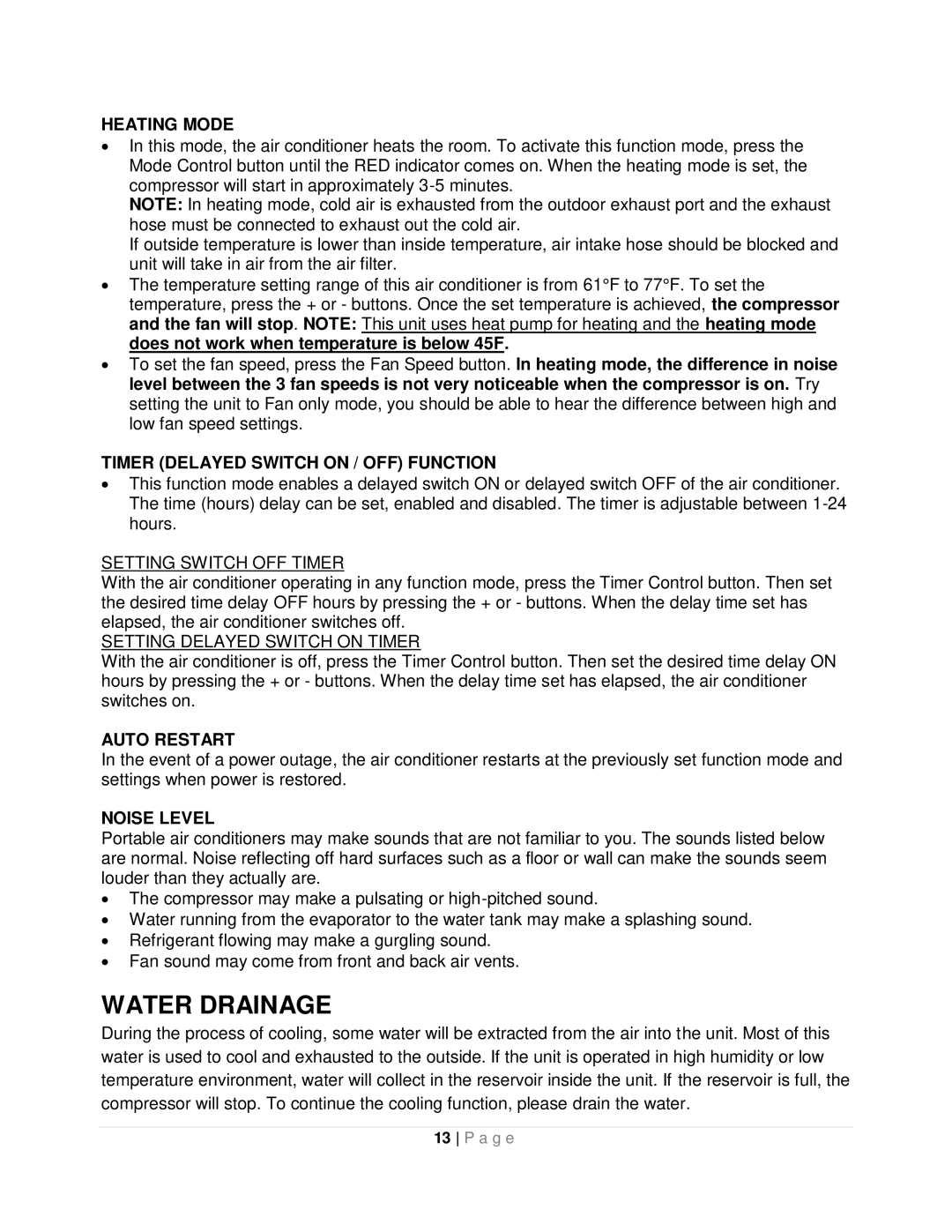 Whynter ARC-12SDH instruction manual Water Drainage, Setting Switch OFF Timer, Setting Delayed Switch on Timer 