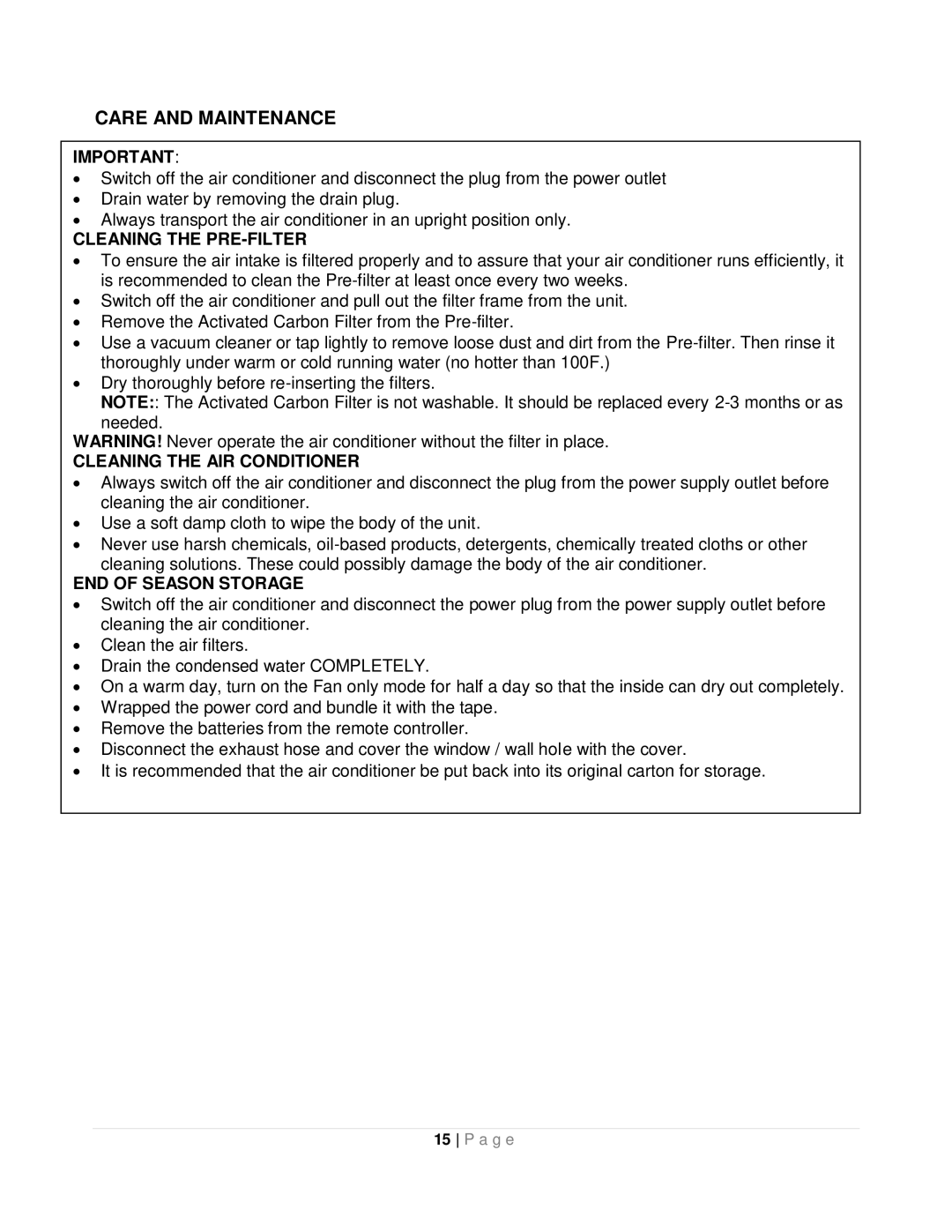 Whynter ARC-12SDH instruction manual Care and Maintenance, Cleaning the PRE-FILTER 