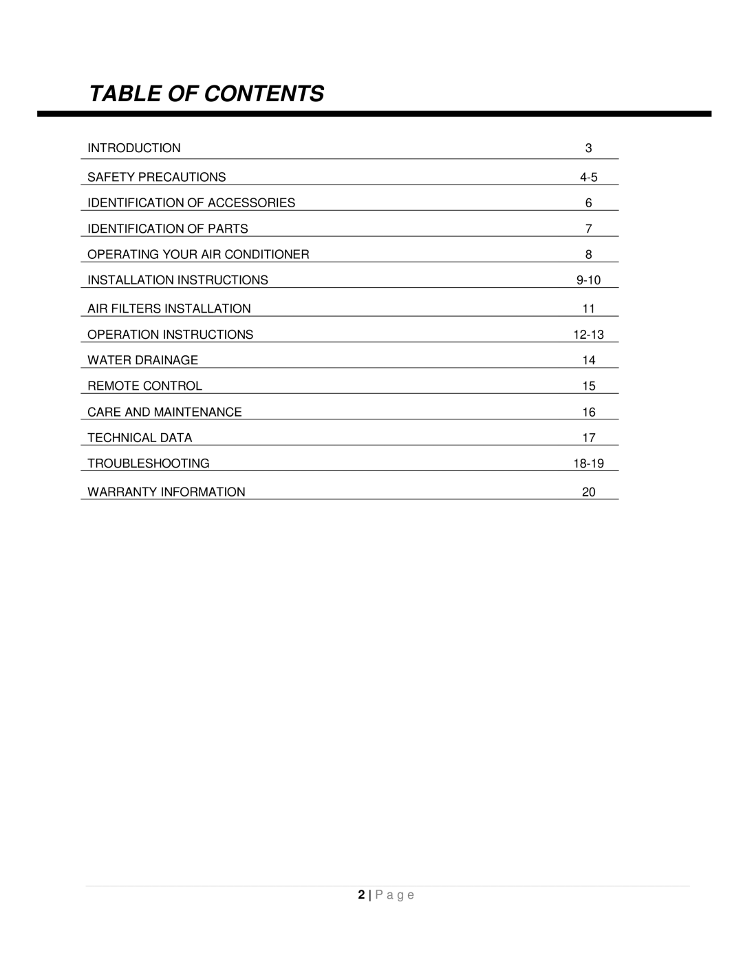 Whynter ARC-12SDH instruction manual Table of Contents 