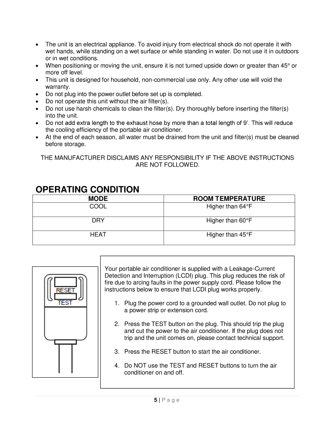 Whynter ARC-12SDH instruction manual Operating Condition, Mode Room Temperature, Dry, Heat 