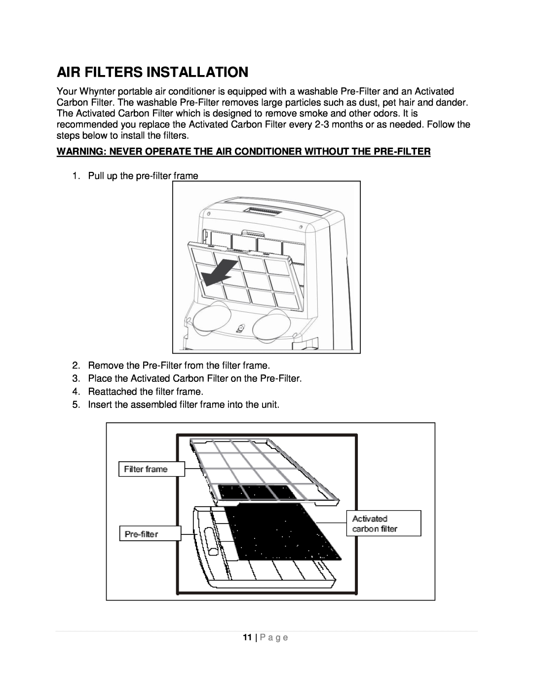 Whynter ARC-12SDH instruction manual Air Filters Installation 