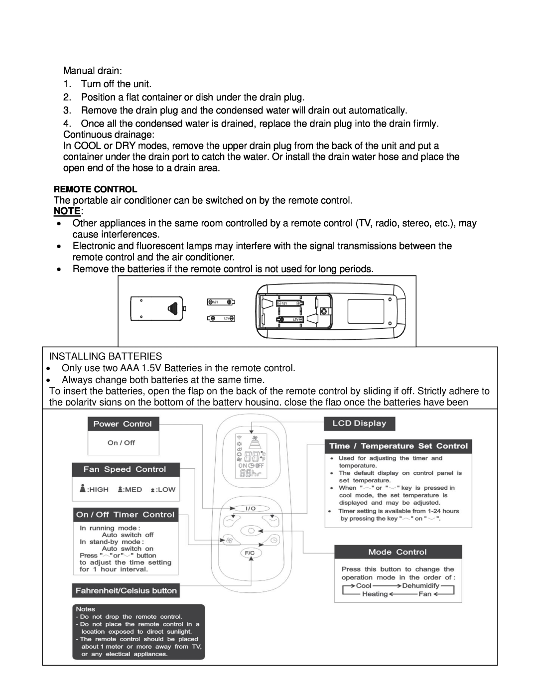 Whynter ARC-12SDH instruction manual Manual drain 1.Turn off the unit 