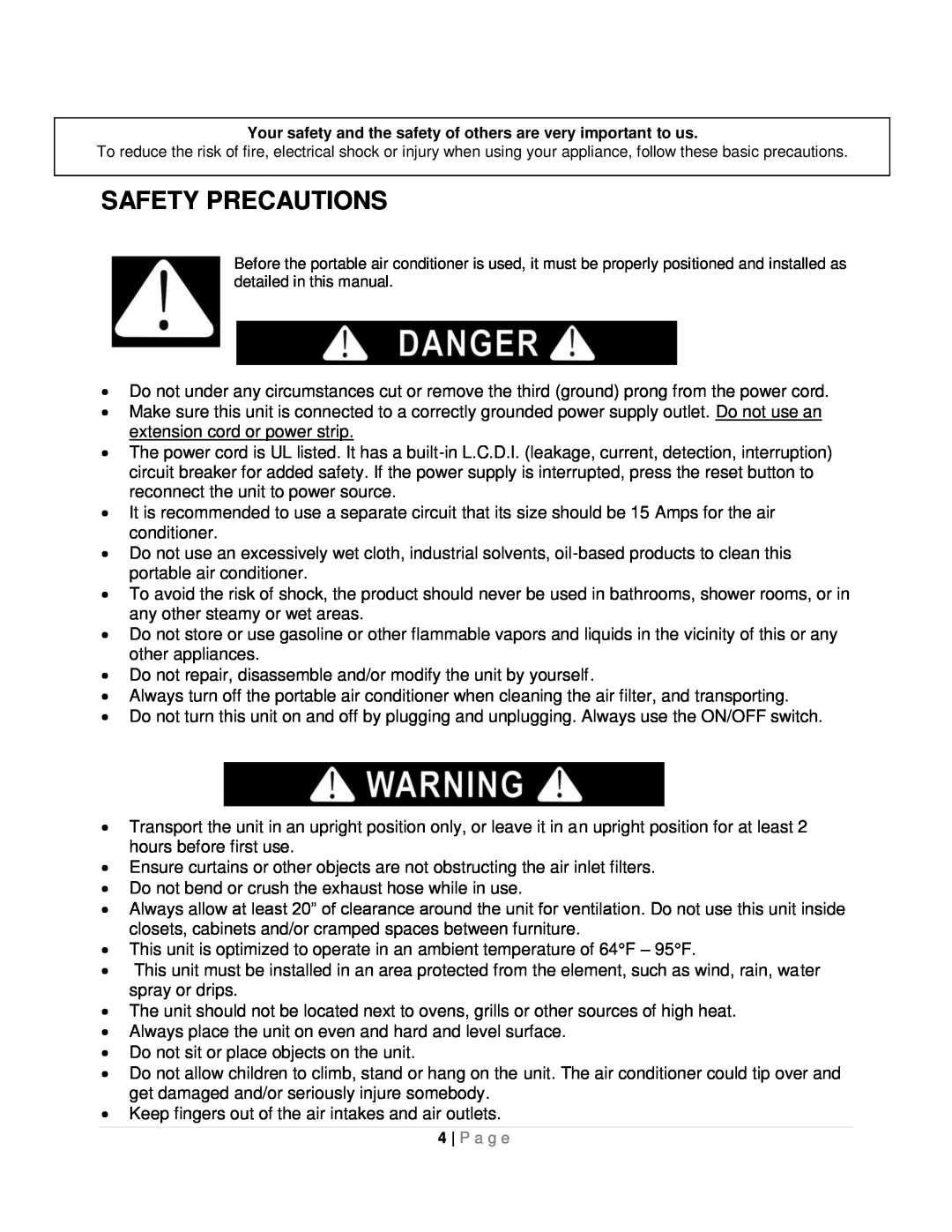 Whynter ARC-12SDH instruction manual Safety Precautions 